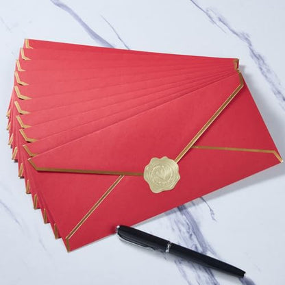 100 Pack #10 Business Envelopes with Gold Stickers, Red - color: Red