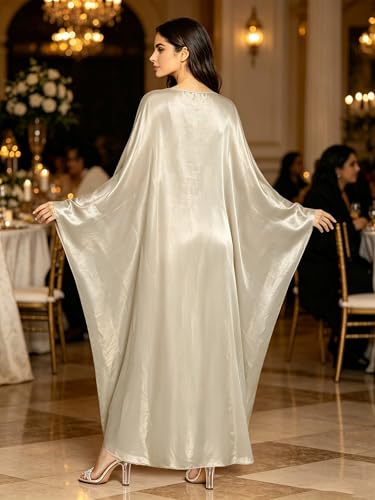Shinsto Women Satin Prayer Dress Kaftan Robe Musulmane Femme Flashy Gown Luxury Party Wear Nightclub Outfit - color: Champagne, size: 1