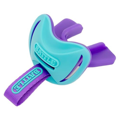 Battle Sports Speedtab F7 Football Mouthguard, Aqua/Purple | No-boil design ready to use out of the package, Braces compatible, Pull tab finger strap for quick removal, Secure fit - color: Aqua/Purple