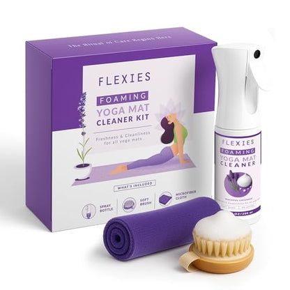 Flexies Foaming Yoga Mat Cleaner Spray Kit, Plant Based Non Toxic Mat Cleaner with Brush and Microfiber Cloth, Yoga Essentials for Women and Men, Pilates Mat Care, Lavender - color: Lavender