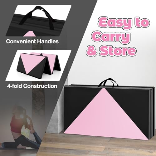 Giantex 4'x8' Gymnastics Mat, 2" Thick Folding Tumbling Mat with Carrying Handles, Foldable Gym Mat with Hook and Loop Fastener, Cheer Mats for Kids Adults Home Exercise Aerobics Fitness - color: Light Pink/Black