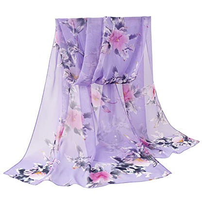 E-Clover Women Soft Floral Print Shawl Chiffon Sheer Scarf - color: Purple Floral-216