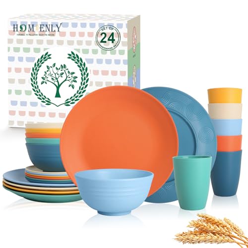 Homienly Unbreakable Wheat Straw Dinnerware Set - Plastic Plates and Bowls Sets Alternative, 24-Piece Dishes Set for Apartment, RV, Party, Microwave and Dishwasher Safe Plates, Bowls, Cups(Multi) - color: Multicolor, size: 24 PCS