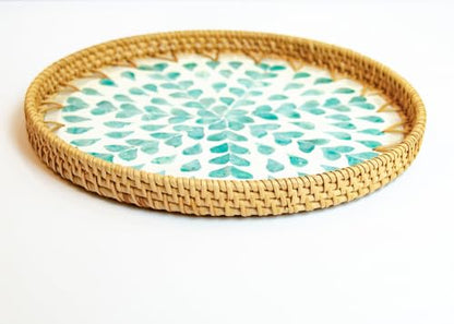 Round Rattan Serving Tray with Mother of Pearl Inlay, Wicker Coffee Table Decor, Farmhouse Style (Teal Tan Flower) - color: Teal Tan Flower