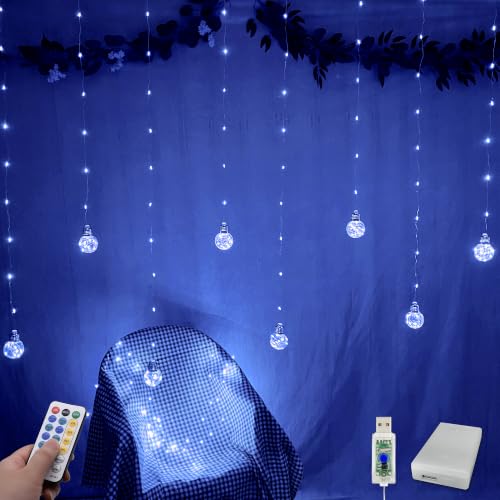 YOLIGHT Wishing Ball Curtain Lights 200 LED Window Curtain String Lights with Remote, USB Battery Powered Twinkle Globe Fairy Lights for Wedding Party Bedroom Christmas Halloween Decoration (Blue) - color: Blue