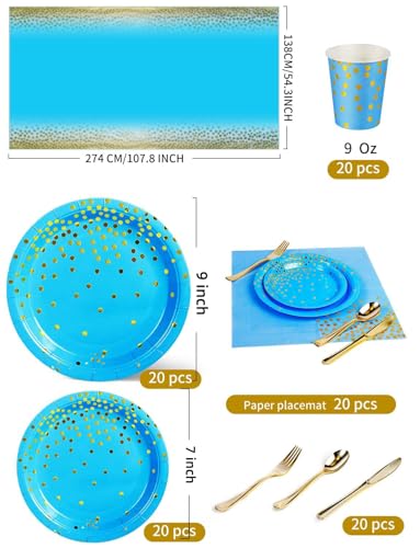 Nkaiso 141Pcs Blue Gold Paper Plates and Napkins Party Supplies-20 Guests - color: Sky Blue Gold