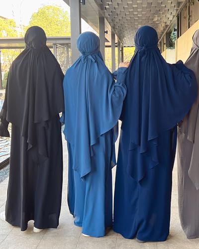 Muslim Prayer Abaya Islamic Women's Khimar Pure Color Hijab Dress Long Sleeve Dubai Kaftan - color: Foggybluehijab