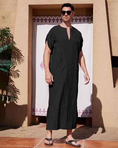 YAOHUOLE Men's Short Sleeve Kaftan Thobe Side Split Caftan with Pockets Long Gown Thobe - color: Black, size: Large
