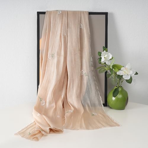 Shinny Threat Hijab Flower Embroidery Shawl Scarf Summer Cool Headwrap | Shinny Threat, Flower Embroidery - color: Light Yellow