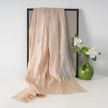 Shinny Threat Hijab Flower Embroidery Shawl Scarf Summer Cool Headwrap | Shinny Threat, Flower Embroidery - color: Light Yellow