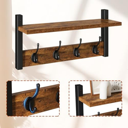 YMYNY Coat Rack Shelf Wall Mounted, Coat Hooks Set of 2, Entryway Coat Hanger with 8 Hooks, 31.5" Wall Floating Shelf with Hat Rack, for Kitchen, Bedroom, Bathroom, Rustic Brown UHWS001H-2 - color: Rustic Brown, size: 31.5"-2 pack