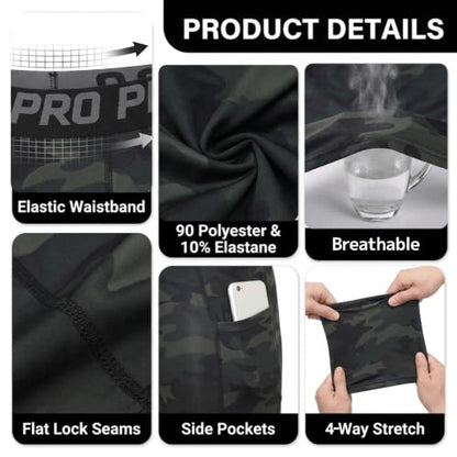 LANBAOSI Mens Compression Shorts with Phone Pocket Running Gym Yoga Athletic Tights Baselayer Summer Cool Dry Underwear Pack - color: Black+camo Green+dark Grey, size: Medium