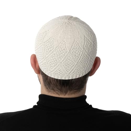 Modefa Men's Islamic Turkish Diamond Pattern Knitted Kufi Hats for Men - Islamic Muslim Headwear for Men - Prayer Cap Takke - color: Light Beige