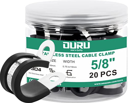 OURU 5/8 Inch Cable Clamps, Rubber Coated Insulated Clamps, 20pcs, 16mm | 304 Stainless Steel, Anti-Vibration, Rust Resistant, Secure Hold, Automotive Wire, Pipe & Tube Mounting, Cable Management - size: 20pcs - 5/8"