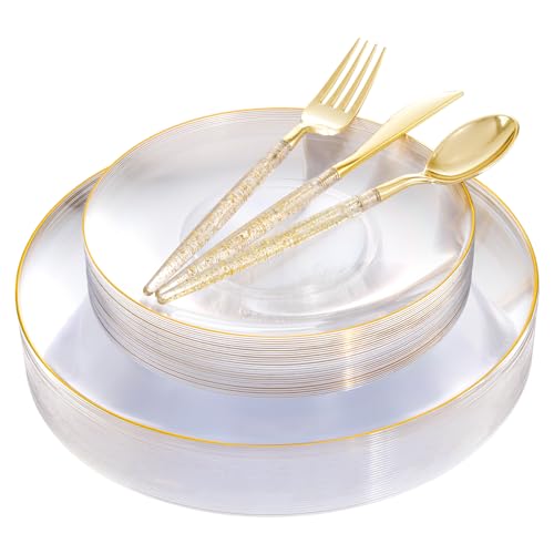 Liacere 150PCS Clear Gold Plastic Plates - Gold Plastic Silverware with Glitter Handle - Clear Disposable Plates Include 30 Guests Plates, Forks, Spoons, Knives for Wedding & Party - color: Gold, size: Round Style