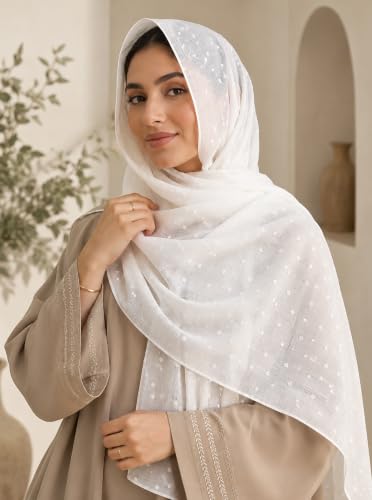 Chiffon Dotted Hijab Scarf for Women, Lightweight Textured Head Wrap Shawl,Soft Muslim Headscarf for Spring Fall - color: Mcmqxf2531-1#white