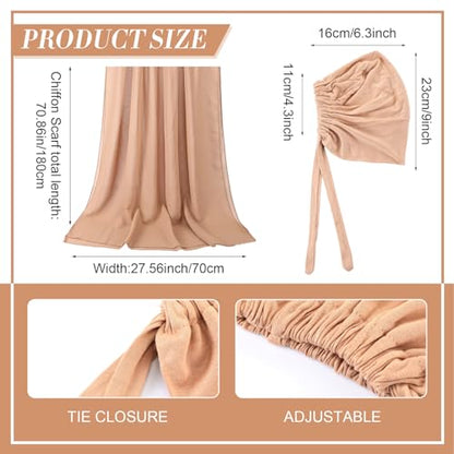 4 Pcs Women Solid Chiffon Hijab Scarves and Undercap Set Long Shawl Soft Wrap Scarves Muslim Inner Hijab Caps - color: Black, Khaki