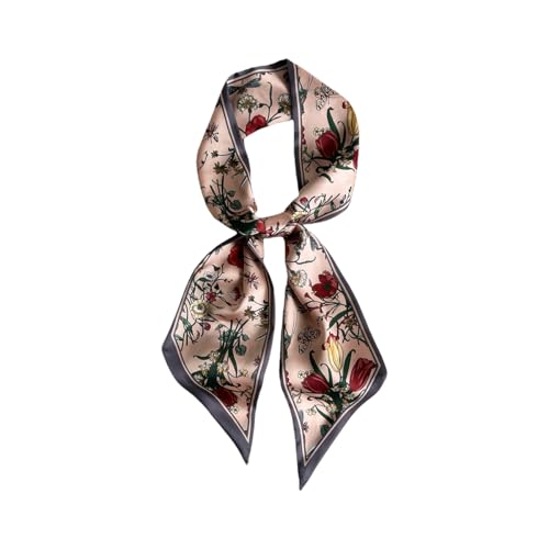 Silk Feeling Head Scarf Fashion Satin Hair Scarf Square Long Scarves for Women Gifts - color: 00 Pink Tulip Floral 5.12 X 59 Inch