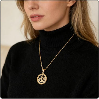 Hip Hop Stainless Steel Iced Out Hollow Allah Pendant Round Necklace - color: Gold
