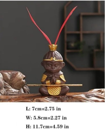 Handmade 4.6" Monkey King Statue Sun Wukong Buddha Zen Monk Figure Chinese zisha Purple Clay Sculpture with Golden Cudgel, Collectible Purple Sand Tea Pet fish tank Home Car Decor Tea Tray