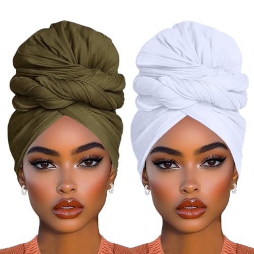 COOKOO 2 Piece Stretch Jersey African Women's Head Wap Fashion Head Scarf Knit Turban Urban Hairband Long Solid Color Shawl Hair Scarfs Long Head Bands for Women(White+Army Green) - color: White+Army Green