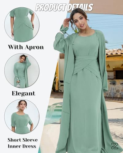 Abaya Muslim Prayer Dress Set Ramadan Open Front Islamic Clothing 3pcs Prayer Robe with Waist Apron Loose Flowy - color: Light Green, size: Large