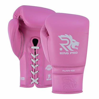 Aura 100 Full Grain Leather Lace Up Boxing Gloves for Men & Women – Professional Training, Sparring, Competition, Muay Thai, Kickboxing & Heavy Bag Gloves - color: Pink, size: 12 OZ