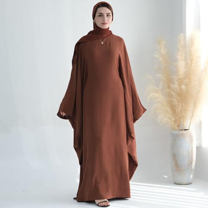 Women Muslim Abaya Dress 1Piece Bat Sleeve Islamic Maxi Robe Fashion Jilbab for Women Eid Kaftan Muslim Robe - color: Browna, size: Medium