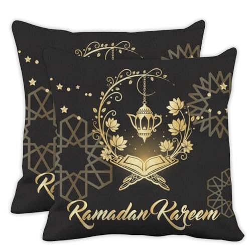 ramadan pillow covers 18x18 in black and gold throw pillow covers set of 2 geometric religious Quran throw pillows cover gift Islamic lantern Eight-Pointed Star moon pillows cover Glitter pillowcover - color: Ramadan-3