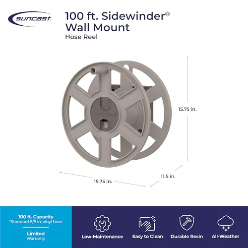 Suncast Sidewinder Wall Mount Garden Hose Reel, 100 Feet Capacity for 5/8 Inch Standard Vinyl Hosepipe, Light Taupe – Resin Water Line Holder for Lawn, Gardening and Outdoor Watering - size: 100 feet