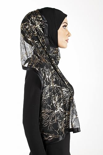 Stylish Mona Hijab Women's Black Kuwaiti with Chiffon Wrap Shawl & Satin Trim - color: Black With Gold Nexus