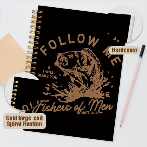 WUCHJ Black Retro Fish Christian Notebook,Black Boys Religious Notebook, Matthew 4:19 Bible Verse Journal, Religious Scripture Spiral Notebook Journal for Note Taking, Christian Faith Based Gifts for Women Men, 5.5x8.3 Inch - color: black and yellow follo