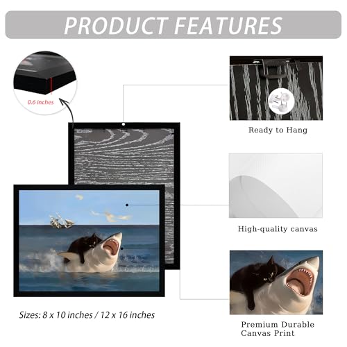 ICHZUMW Framed Funny Black Cat Biting Shark Ocean Canvas Wall Art 8x10 In - color: Black Shark Rider, size: 10"L x 8"W