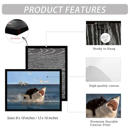 ICHZUMW Framed Funny Black Cat Biting Shark Ocean Canvas Wall Art 8x10 In - color: Black Shark Rider, size: 10"L x 8"W