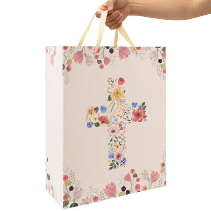 16.5" Extra Large Floral Religious Gift Bag Set with Handles, Greeting Card, Tissue Papers and Stickers for Women Girls, for First Communions, Baby Girl Baptisms, Christenings, Religious Occasion, Clergy Day, Cross Design, 1 Pcs - color: (16.5'' Extra Lar