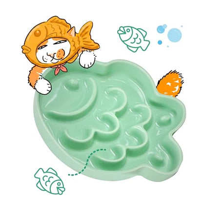 Ceramic Cat Slow Feeder Bowl - Shallow Whisker Friendly Cat Plate for Dry and Wet Food - Puzzle Feeder for Slow Eating - Helps Reduce Vomiting - Microwave & Dishwasher Safe -Non Slip(Green,6.3''W) - color: Green