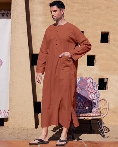 YAOHUOLE Kaftan for Men Long Sleeve Muslim Men Thobe Kaftan Thobe with Pockets - color: Brick Red, size: 3X-Large