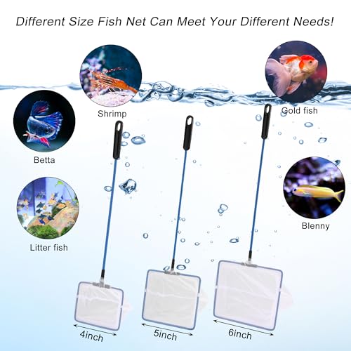 Lpraer 4in 5in 6in Aquarium Fish Net Green Fine Mesh Nylon Net Collection with 11" Long Handle Square Quick Catch Fish Net for Fish Tank - color: White-Blue, size: 3PCS 4，5，6"
