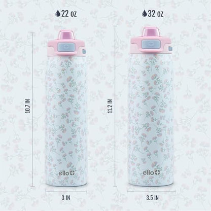 Ello Pop & Fill Insulated Stainless Steel Water Bottle with Quick Fill Lid, Leakproof Locking, Sip or Chug Spout, BPA-Free, Double Wall Vacuum Insulated for Sports, Travel & School- 22oz / 32oz / 40oz - color: Serene Blooms, style: 32oz