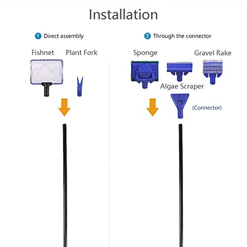Aquarium Cleaning Tools Kit 5 in 1 Function for Long Deep Fish Tank, Including Algae Scrape, Cleaning Sponge, 3.9" Small Fishnet, Gravel Rake, Plant Fork