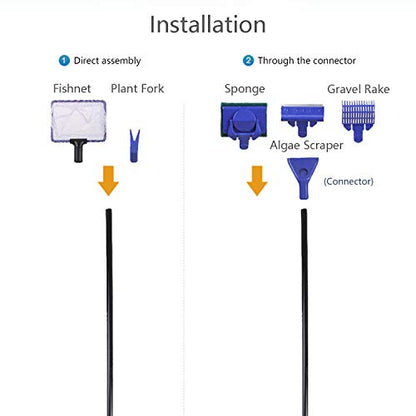 Aquarium Cleaning Tools Kit 5 in 1 Function for Long Deep Fish Tank, Including Algae Scrape, Cleaning Sponge, 3.9" Small Fishnet, Gravel Rake, Plant Fork