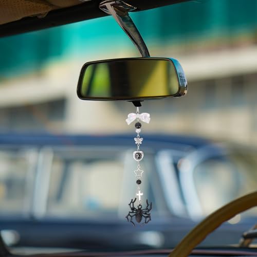 Halloween Gothic Car Rearview Mirror Chain - Black Spider Pendant Beaded Hanging Charm, Dark Fantasy & Mysterious Cars Decor, Interior Ornament Gift for Women Men Drivers - style: Spider