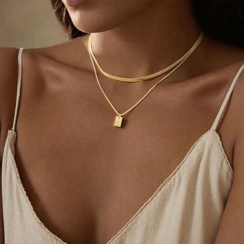 14K Gold Plated Layered Initial Necklace for Women with Herringbone Chain | Herringbone Choker & Letter Pendant, Waterproof Non-Tarnish Adjustable Snake Chain, 2Pcs Minimalist Stacking Jewelry Gift - color: L