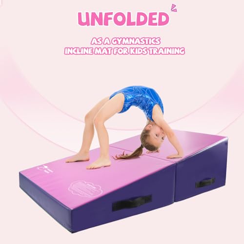 Kangaroo Hoppers Gymnastics Cheese Wedge Mat for Kids Ages 1-12 | 3 Sizes Folding Incline Mat with High-Density EPE Foam and Removable PVC Leather Cover, Home Gym Training Equipment - color: Purple/Pink, size: 48" x 24" x 14"