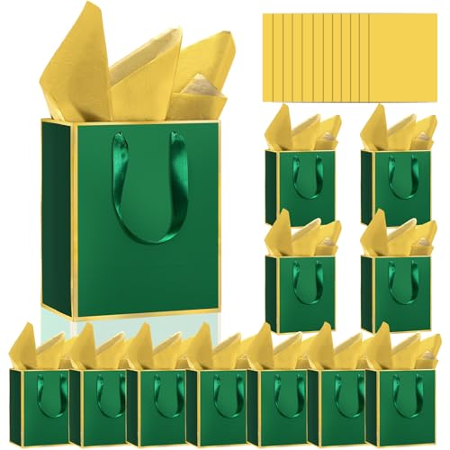 Epoesch 12 Pack Gift Bags with Handles & 12 Tissue Papers – 8x5x10 Inches - color: Green Gold, size: 1 Count (Pack of 12)
