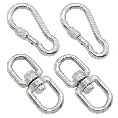 2Pcs M8 304-Stainless Steel Swivel Ring Double Ended Swivel Eye Hook, 2Pcs M8 Spring Hook, for Marine Mooring, Tree Swing, Hammock, Hanging Rotating Device
