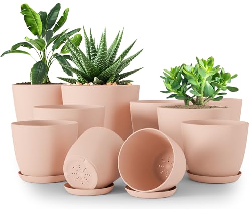 Plant Pots Indoor with Drainage, 10 Pack Multi-Size Planters Set, Pink | Drainage holes included Multiple sizes 7/6.6/6/5.3/4.8 In Indoor plants and flowers Durable plastic construction - color: Peach Pink, size: Pack of 10