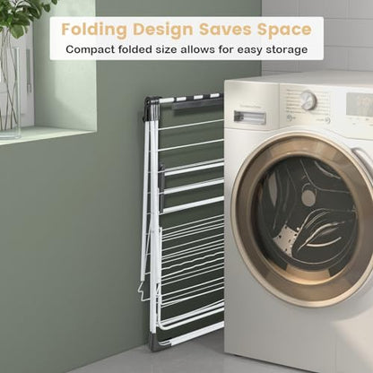 GOFLAME Clothes Drying Rack, 2-Tier Folding Laundry Drying Rack with Height-Adjustable Wings, 33 Drying Rails, Middle Sock Clips, Side Wave-shaped Bars, Freestanding Laundry Hanger, No Assembly Needed - size: 57" x 23" x 37.5"