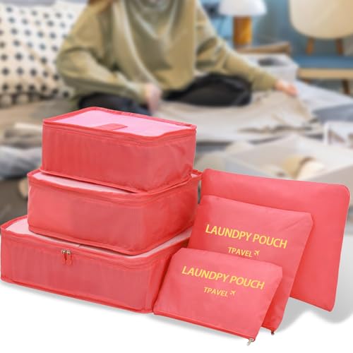 6 Set Travel Packing Cubes Lightweight Nylon Suitcase Luggage Organizer Bags Machine Washable Travel Clothes Packing Bag (Watermelon red) - color: Watermelon red 6 Set