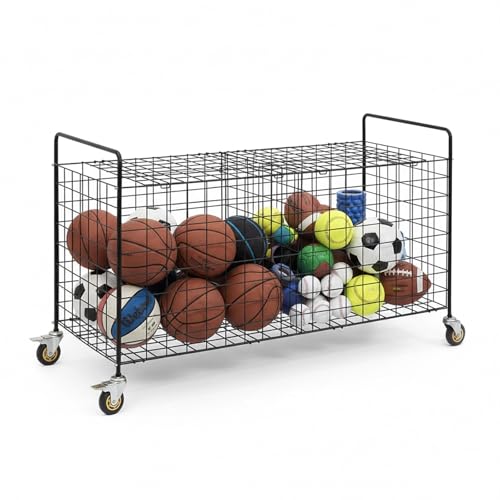 MyGift X-Large Capacity Black Metal Sports Ball Storage Rolling Cart | Gym Balls and Equipment Cart with 2 Compartments, Lock Latch & Heavy-Duty Locking Caster Wheels